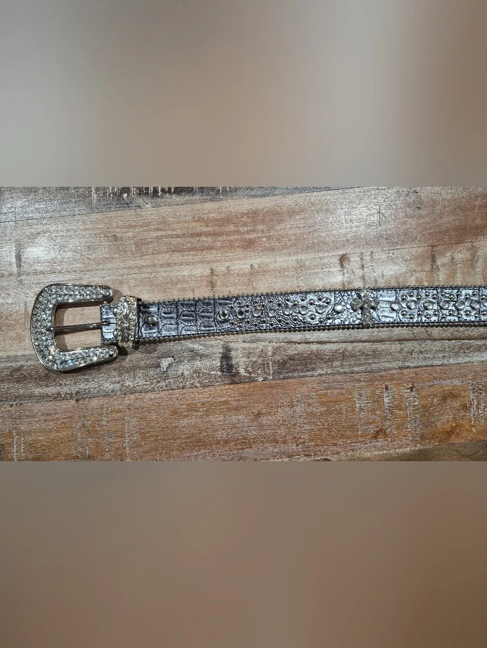 Y2K Vintage Leather Rhinestone Cross Belt - Silver Crystal Buckle S/M Western Co